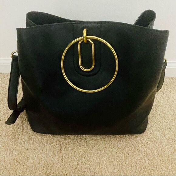 Nine West Soft Leather Black Handbag w Large Brass Gold Handles & Optional Strap - Picture 7 of 15